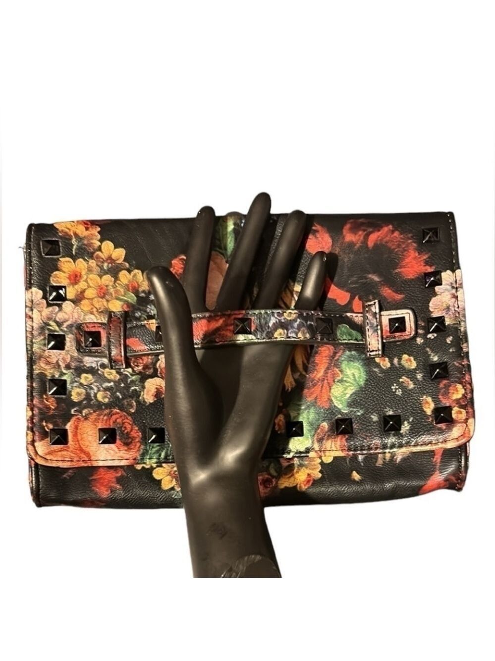 Steve Madden Floral Flap Clutch with Stud Accents and Strap Handle